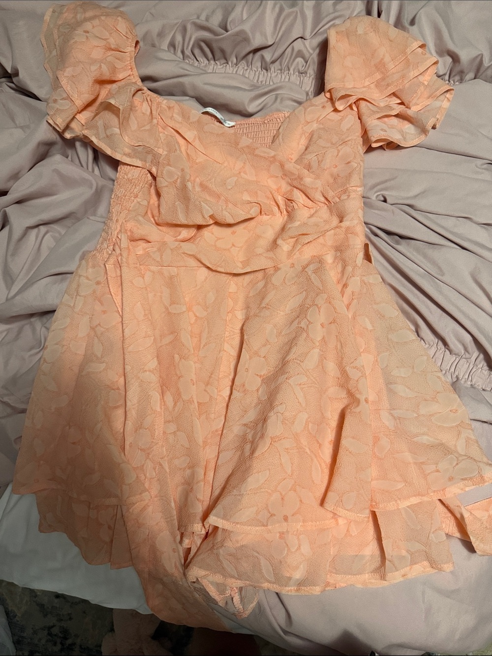 Altar'd State Peach Floral Lace Puff-Sleeve Dress
